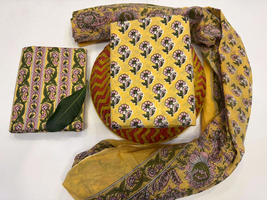 Gossamer Lotus Handblock Printed Cotton Suit Set with mul mul Dupatta