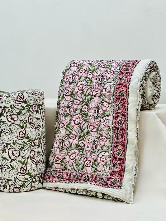 Floral Bush - Handblock Printed King Size Quilt Razai