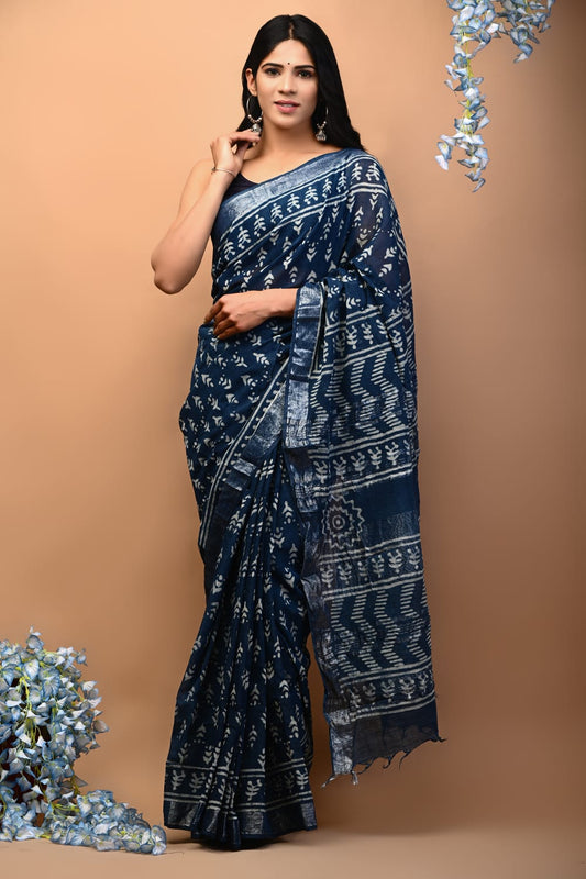 Azure Cloud Handblock Printed Linen Saree