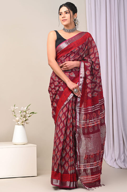 AanganLinen – Handblock Printed Linen Saree