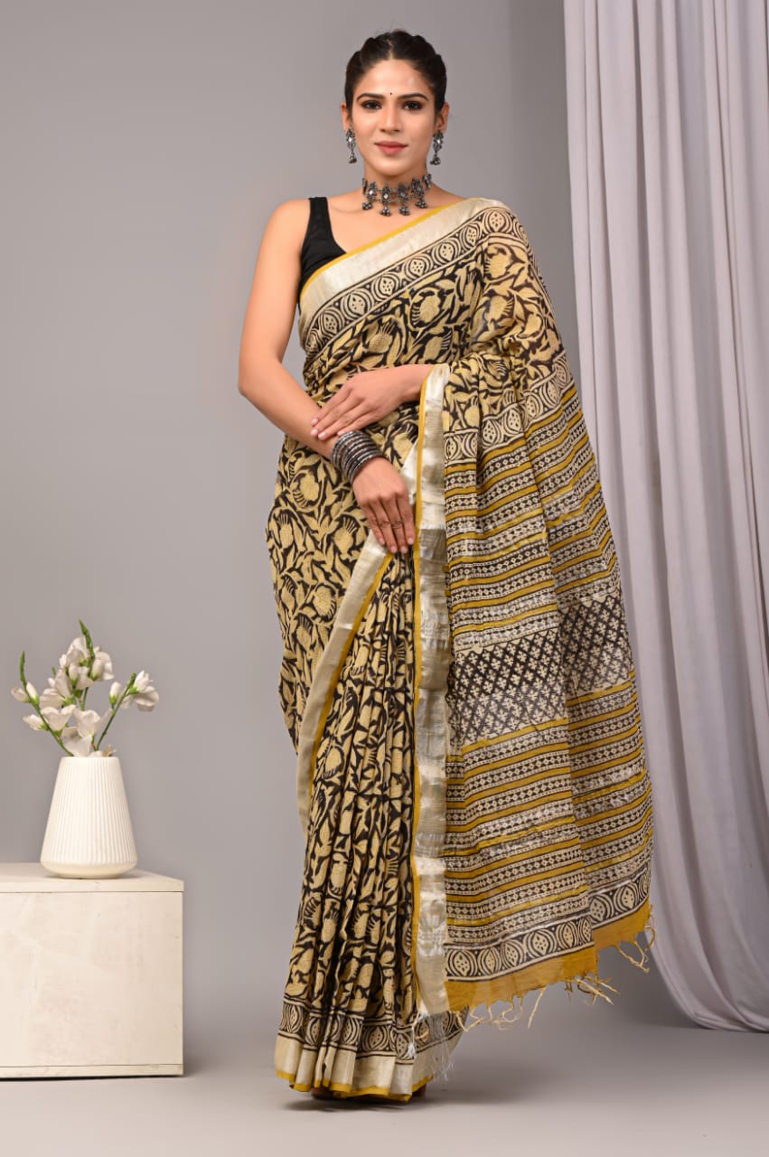 Frosted Magic Handblock Printed Linen Saree