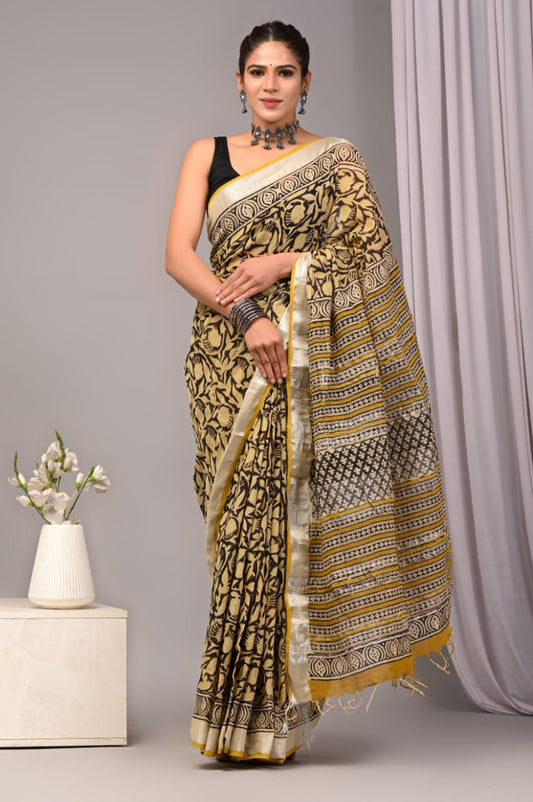 Frosted Magic Handblock Printed Linen Saree