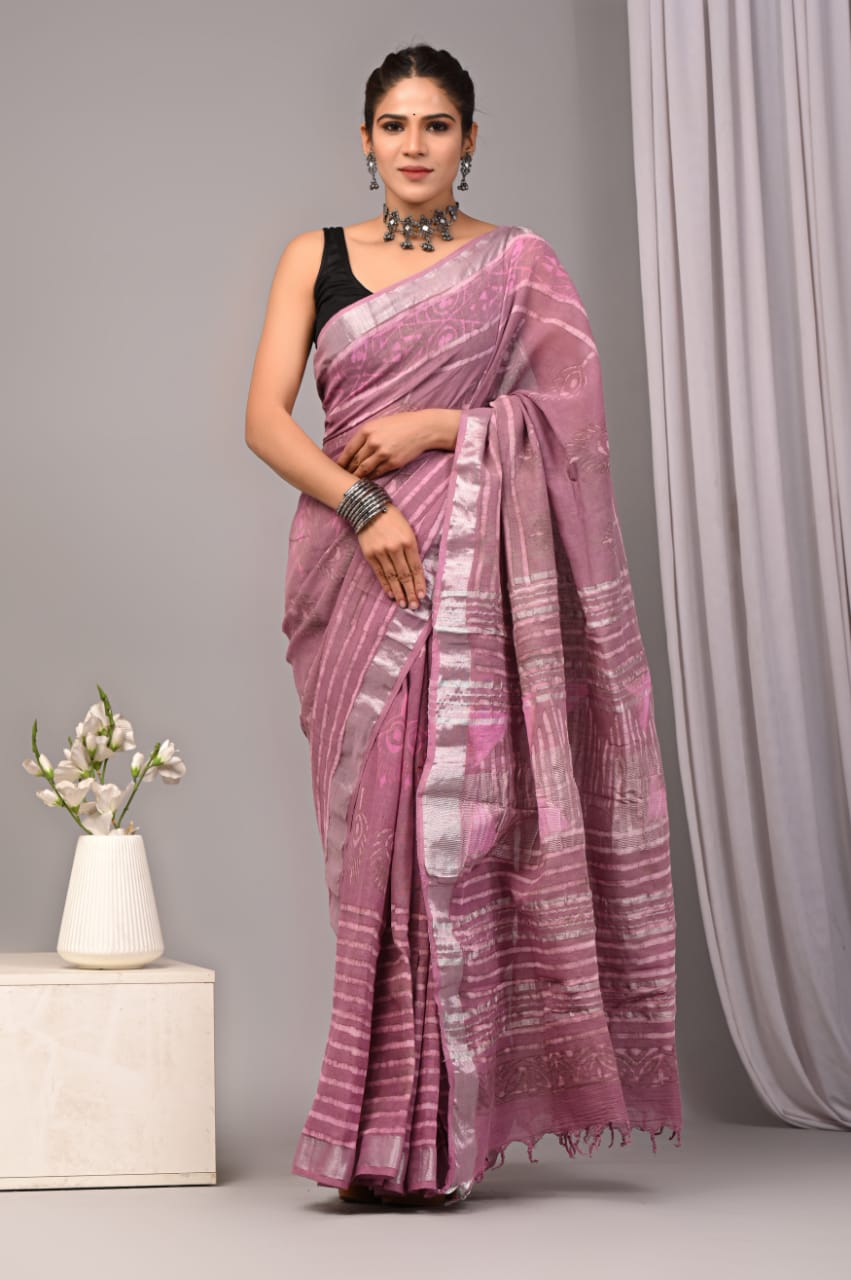 Goldenrod Tale Handblock Printed Linen Saree