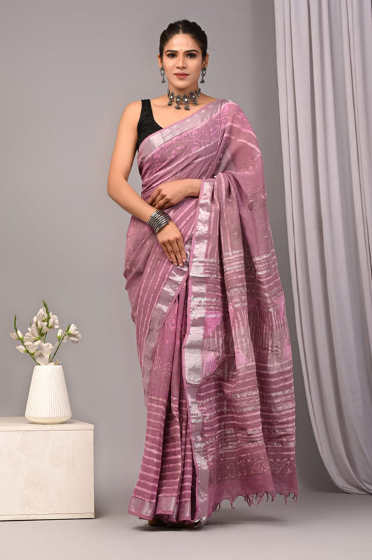 Goldenrod Tale Handblock Printed Linen Saree