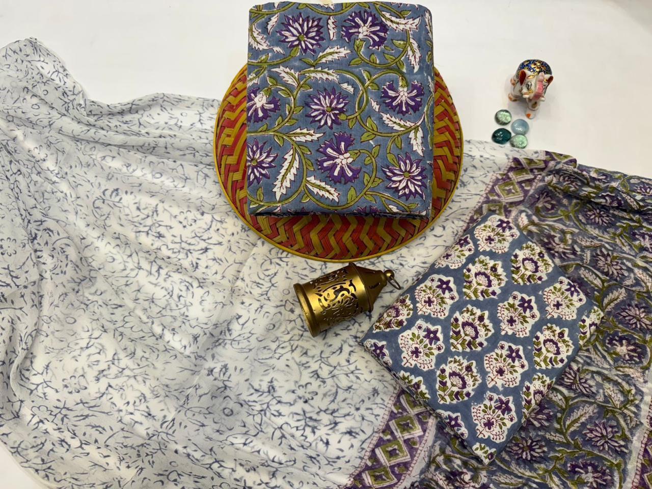Ruhaniya Bloom – Handblock Printed Cotton Suit Set with Chiffon Dupatta