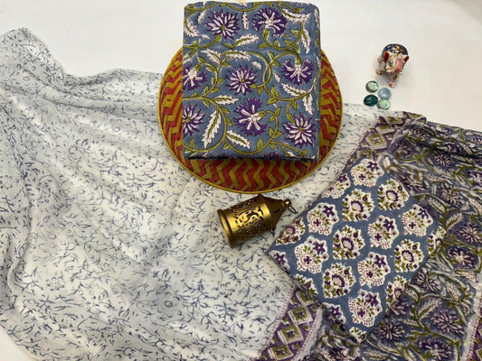 Ruhaniya Bloom – Handblock Printed Cotton Suit Set with Chiffon Dupatta
