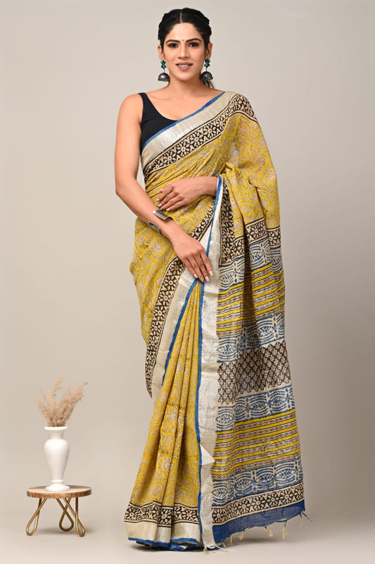 Blissful Charm Handblock Printed Linen Saree