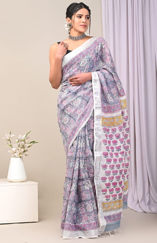 Velvet Shine Handblock Printed Linen Saree