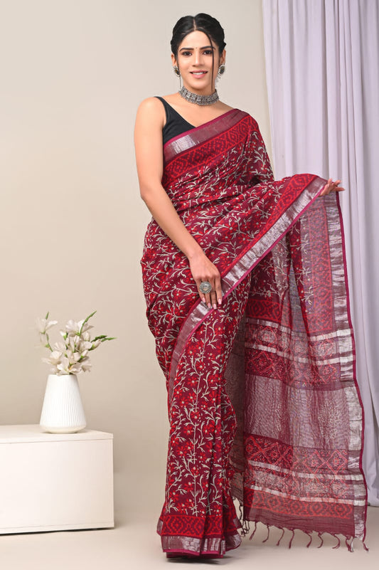Rosewood Valley Handblock Printed Linen Saree