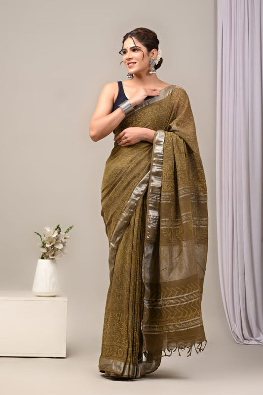 Shimmer Horizon Handblock Printed Linen Saree