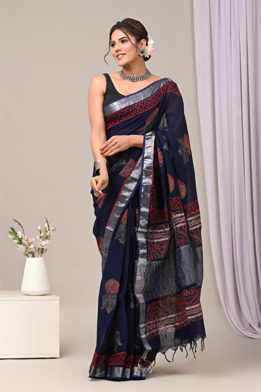 Glowing Fern Handblock Printed Linen Saree