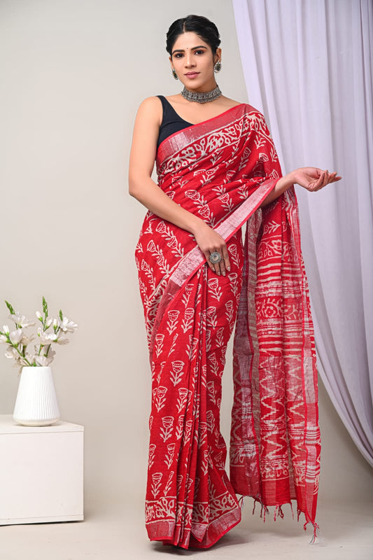 Meadow Leaf Handblock Printed Linen Saree