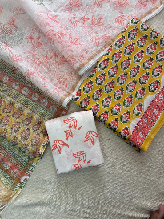 Parina - Handblock Printed Cotton Suit Set with Kota Doriya Dupatta