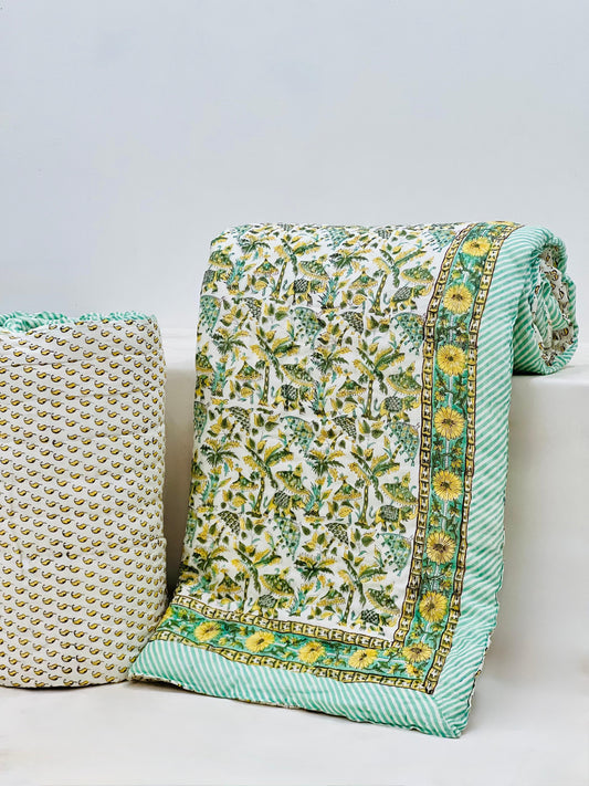 Garden lush - Handblock Printed King Size Quilt Razai