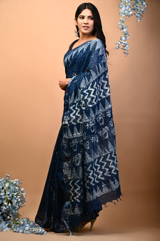 Blooming Charm Handblock Printed Linen Saree
