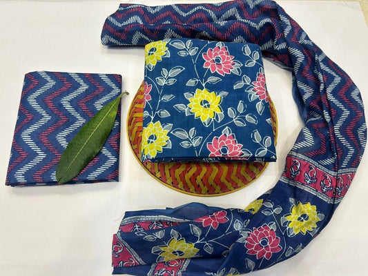 Soft Blooms Handblock Printed Cotton Suit Set with mul mul Dupatta