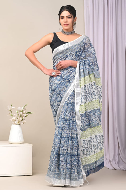 Morning Magic Handblock Printed Linen Saree