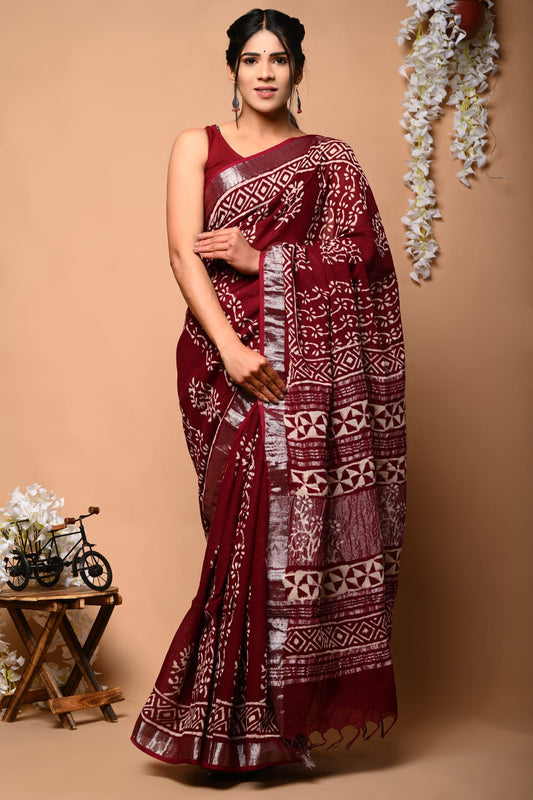 Scarlet Essence Handblock Printed Linen Saree