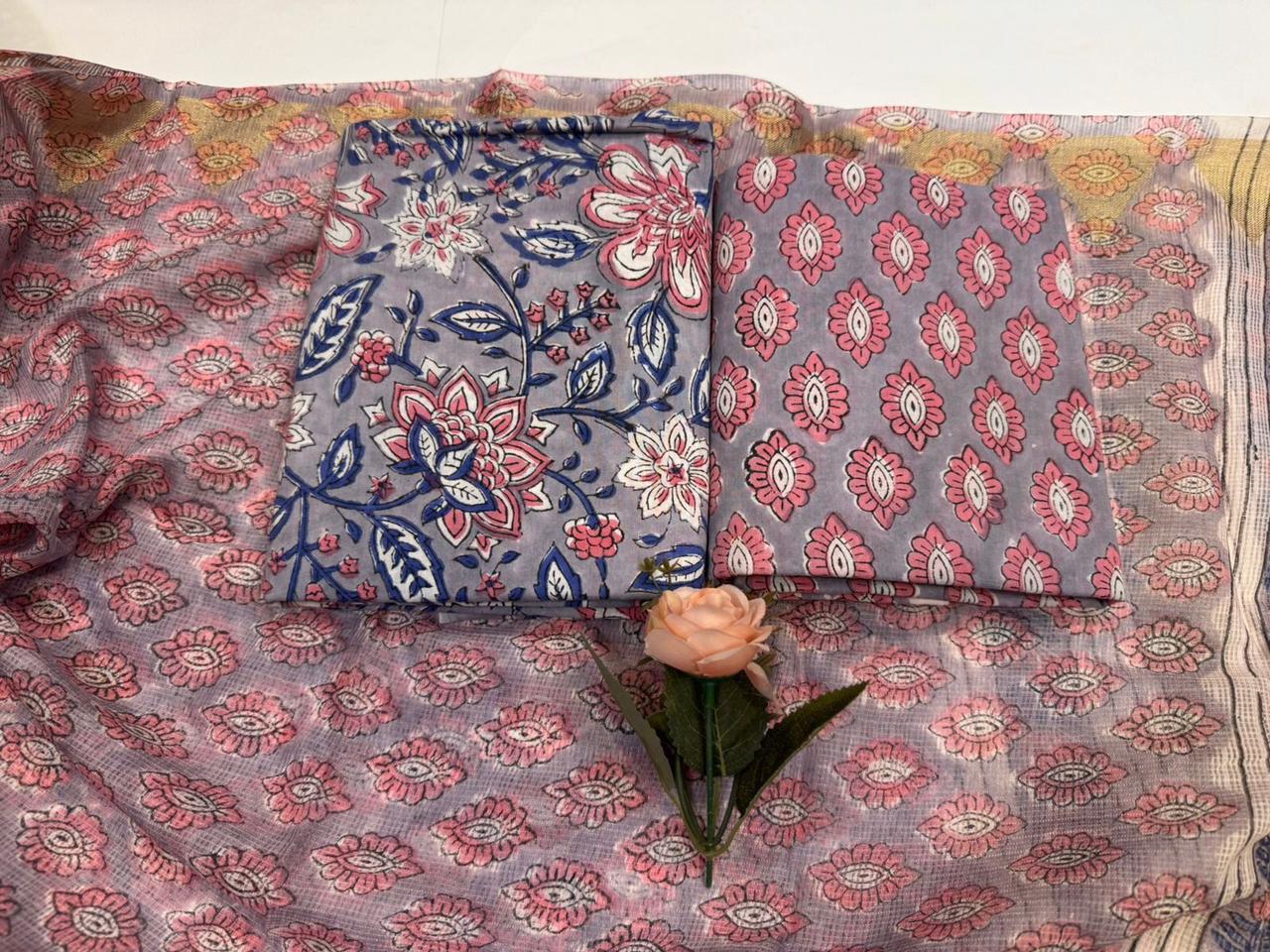 WovenWhispers – Handblock Printed Cotton Suit Set with Kota Doriya Dupatta