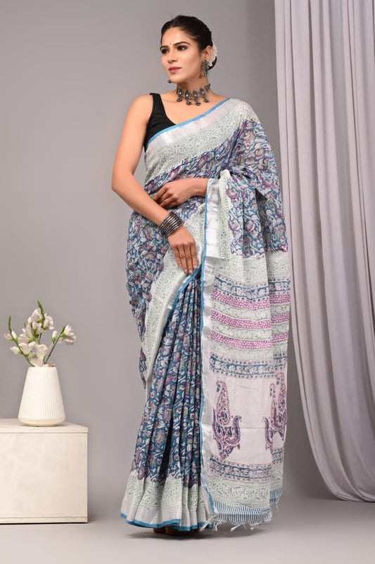 Crystal Rose Handblock Printed Linen Saree