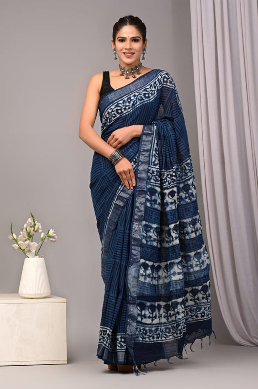 Ivory Whisper Handblock Printed Linen Saree