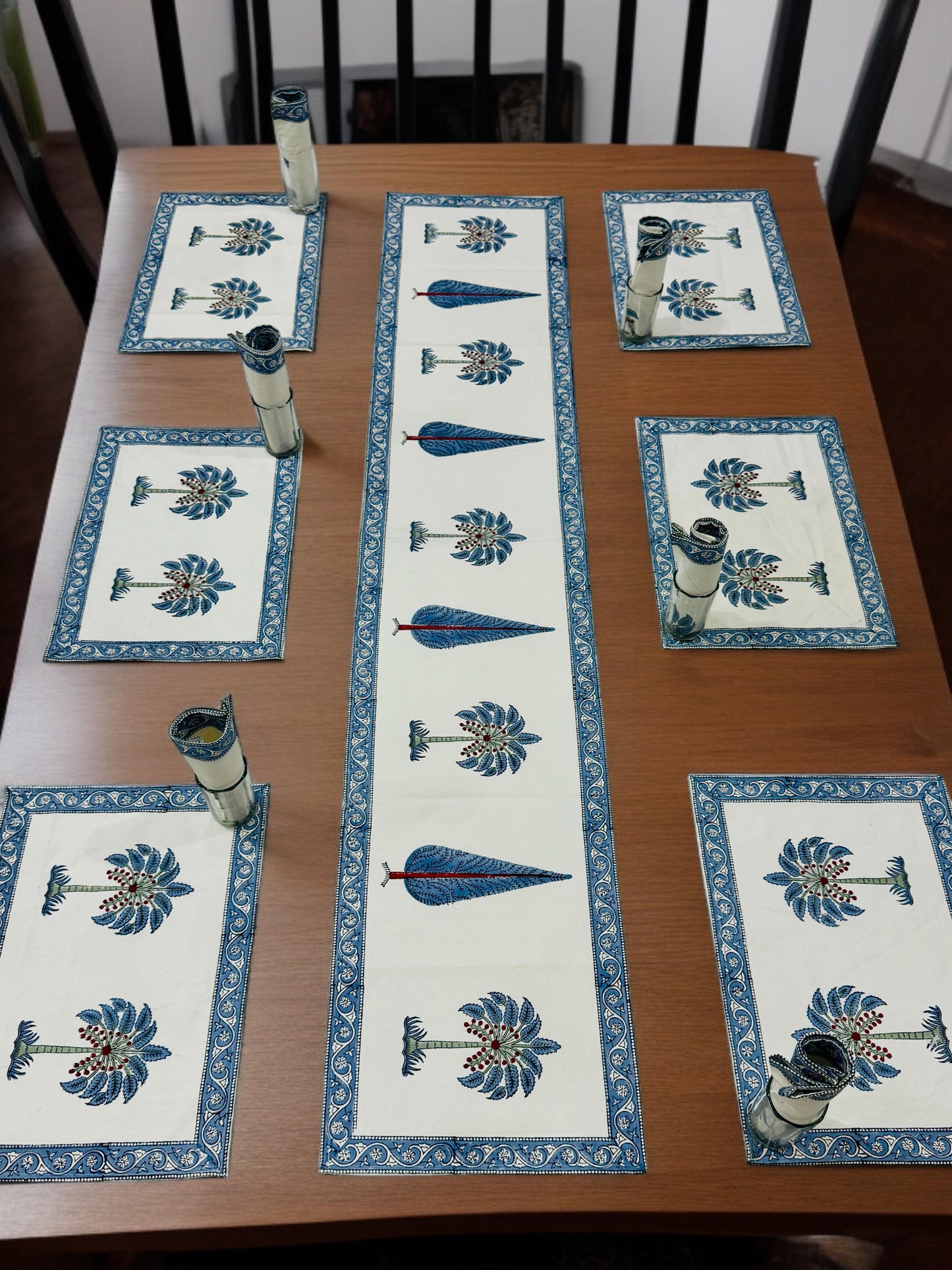 Indigo Leaf - Handblock Printed 6-Seater Dining Table Set