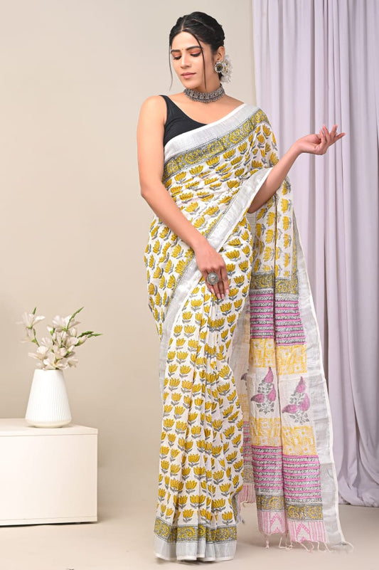 Citrine Moon Handblock Printed Linen Saree