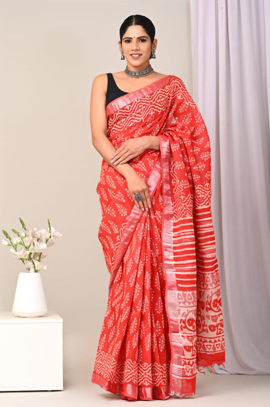 Blossom Echo Handblock Printed Linen Saree
