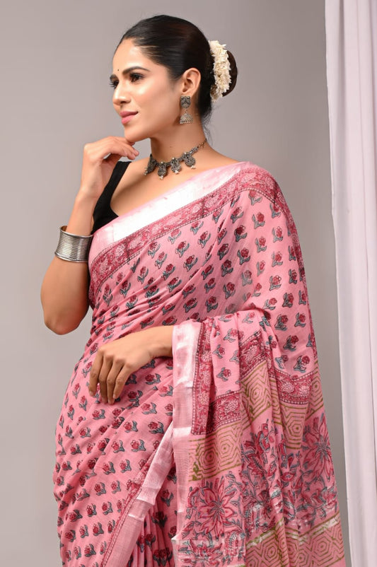 Bliss Light Handblock Printed Linen Saree