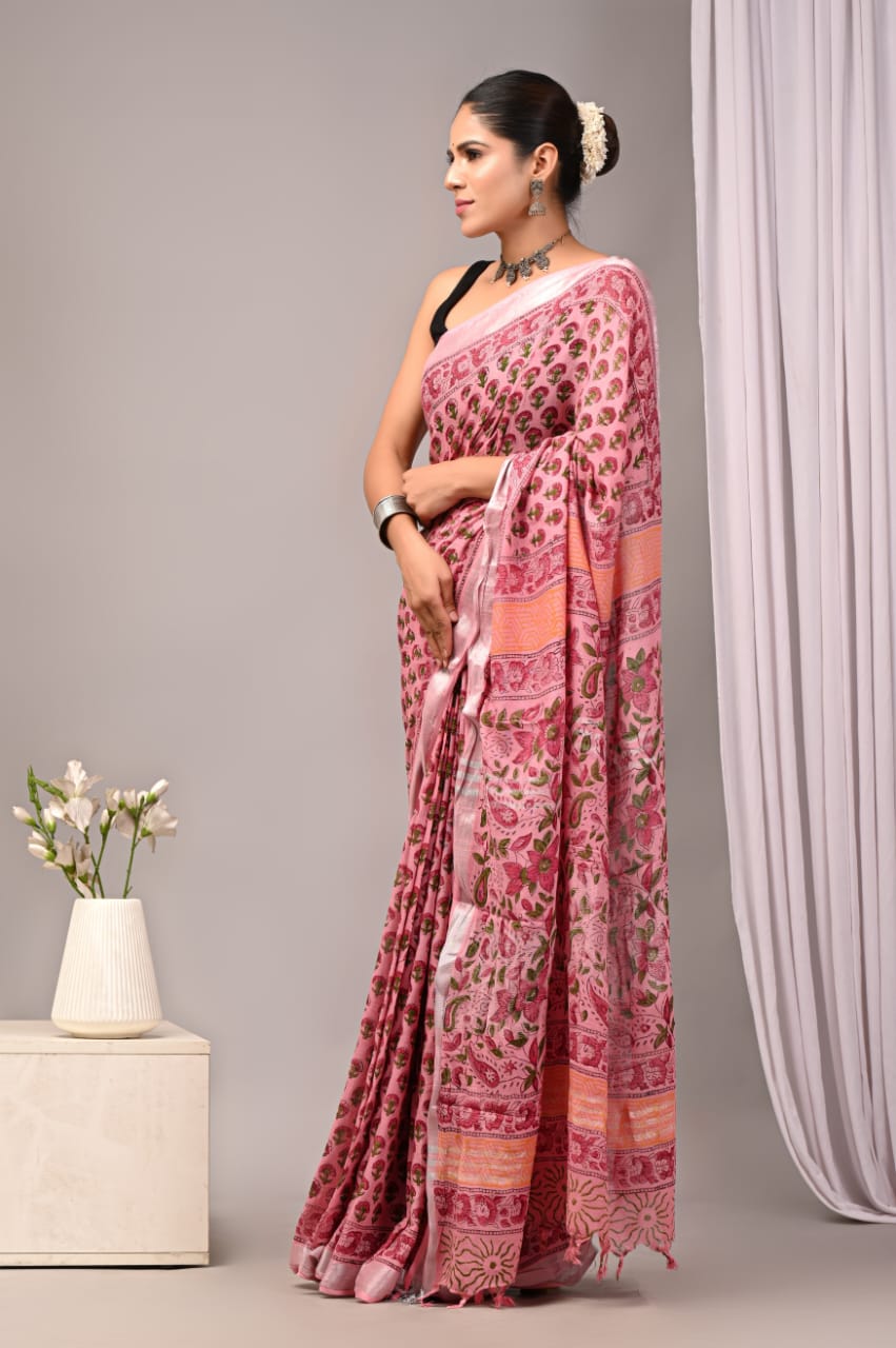 Blooming Vine Handblock Printed Linen Saree