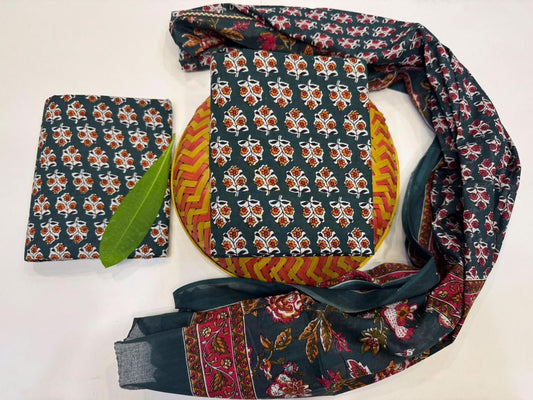 Pholwari Blooms Handblock Printed Cotton Suit Set with mul mul Dupatta