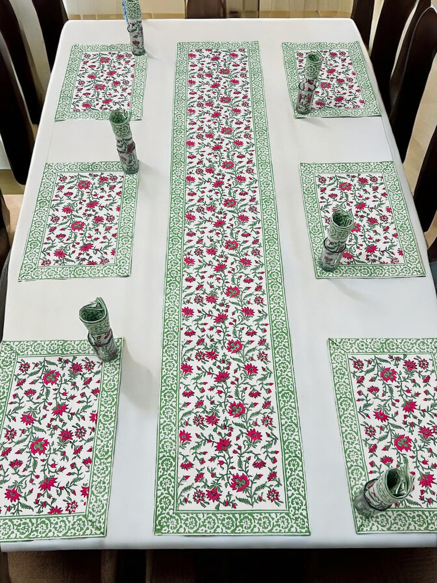 Saanjh Stride – Handblock Printed 6-Seater Dining Table Set