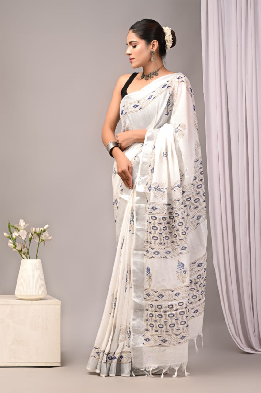 Sunset Lily Handblock Printed Linen Saree