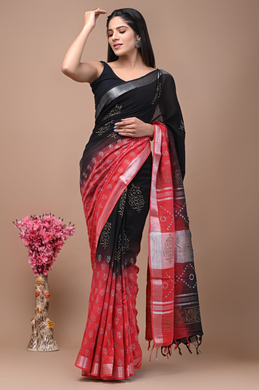 Zephyr Leaf Handblock Printed Linen Saree