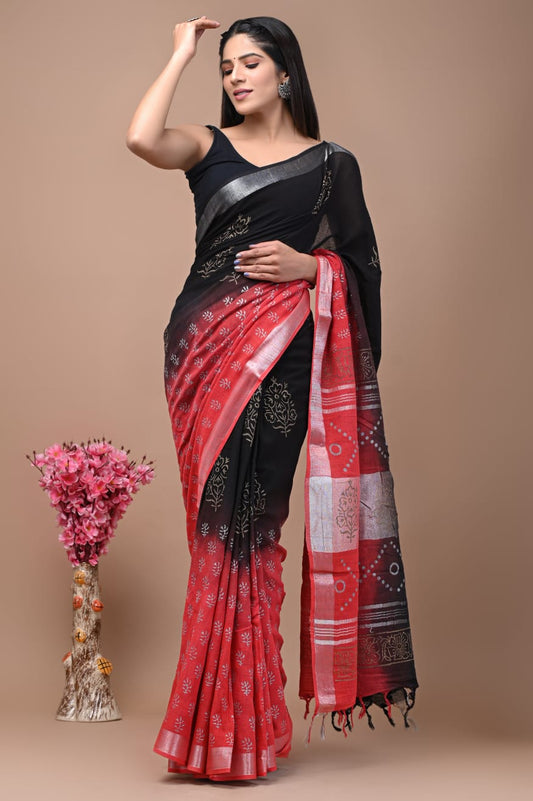 Zephyr Leaf Handblock Printed Linen Saree