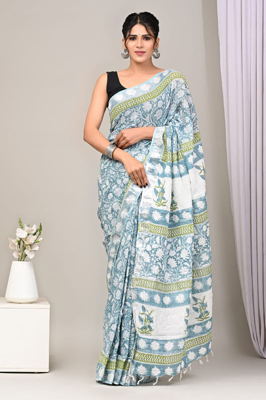 Ruby Charm Handblock Printed Linen Saree