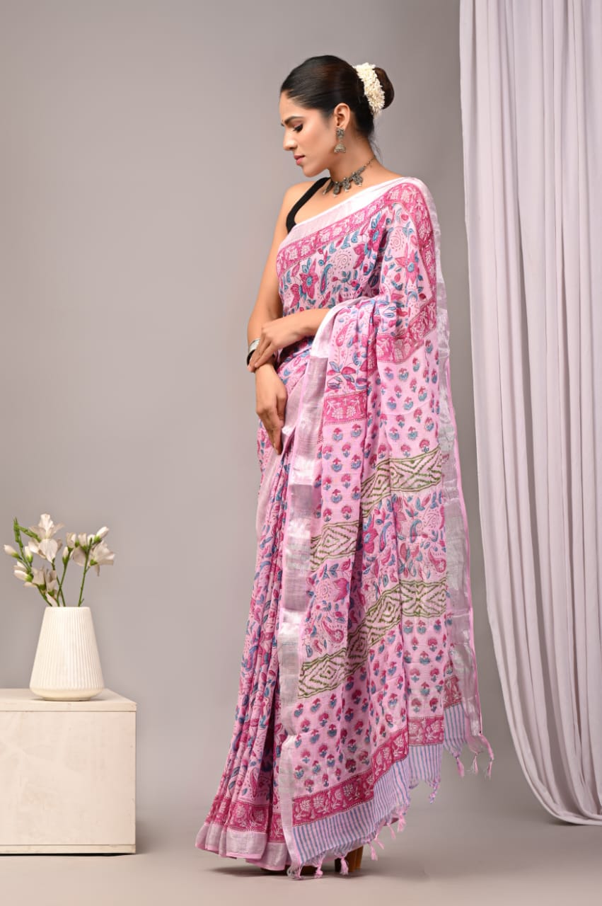 Topaz Flame Handblock Printed Linen Saree