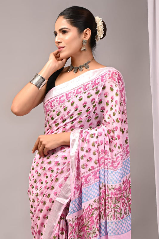 Opal Moon Handblock Printed Linen Saree