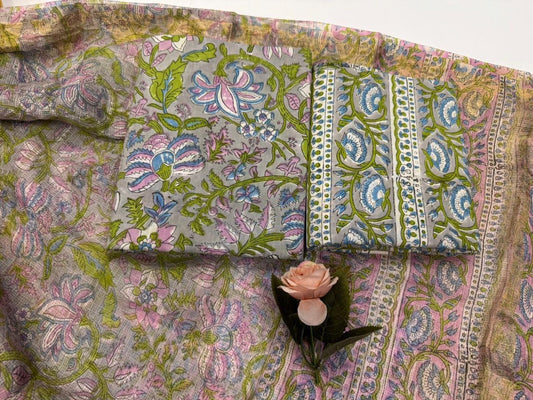Doriyaa – Handblock Printed Cotton Suit Set with Kota Doriya Dupatta