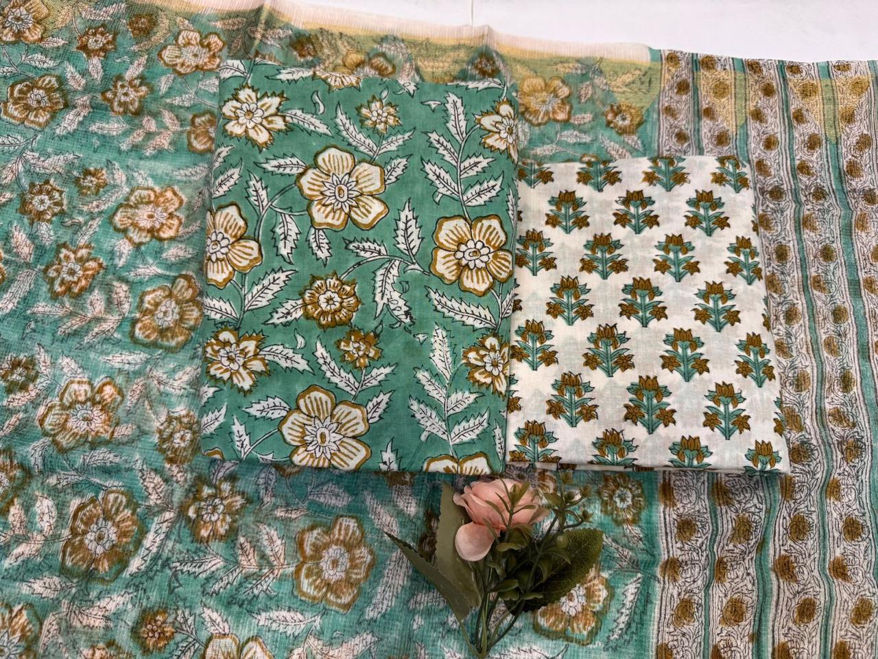 Rauf - Handblock Printed Cotton Suit Set with Kota Doriya Dupatta