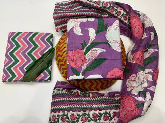 Lotus  Handblock Printed Cotton Suit Set with mul mul Dupatta
