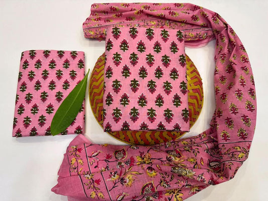 Dewdrop Blossom Handblock Printed Cotton Suit Set with mul mul Dupatta