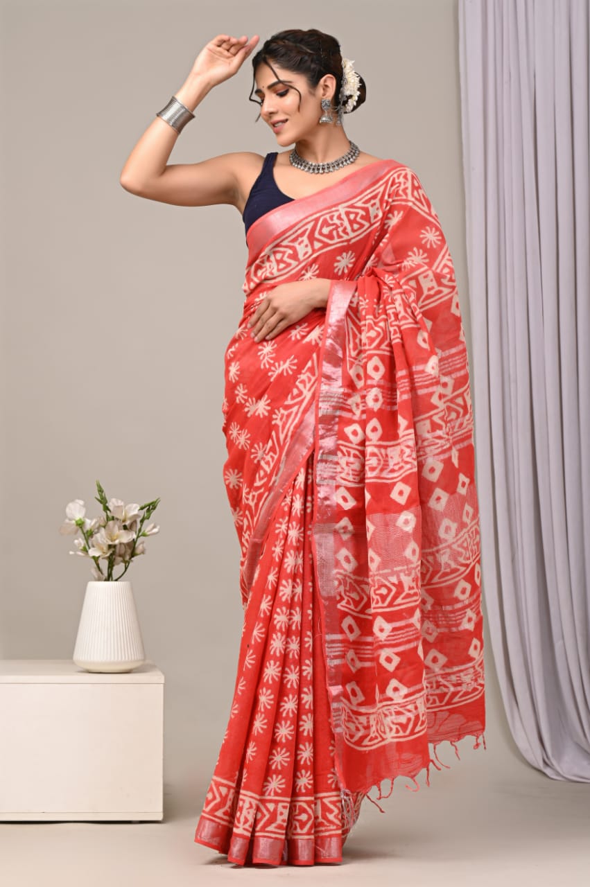 Elegant Chime Handblock Printed Linen Saree