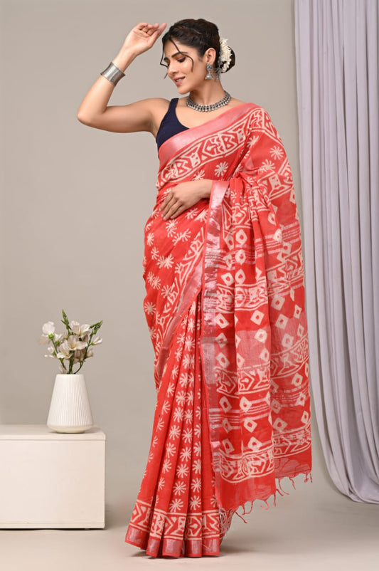 Elegant Chime Handblock Printed Linen Saree