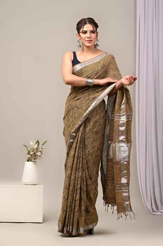 MaatiLoom – Handblock Printed Linen Saree