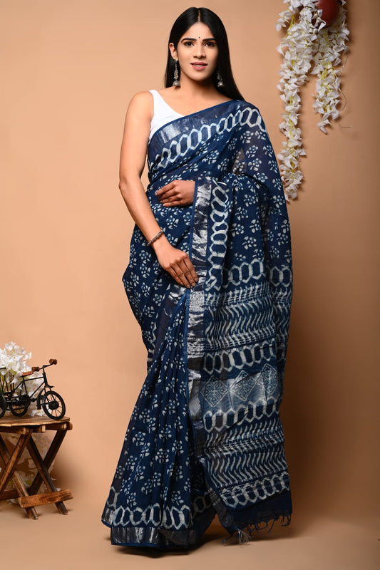 Amberstone Spark Handblock Printed Linen Saree