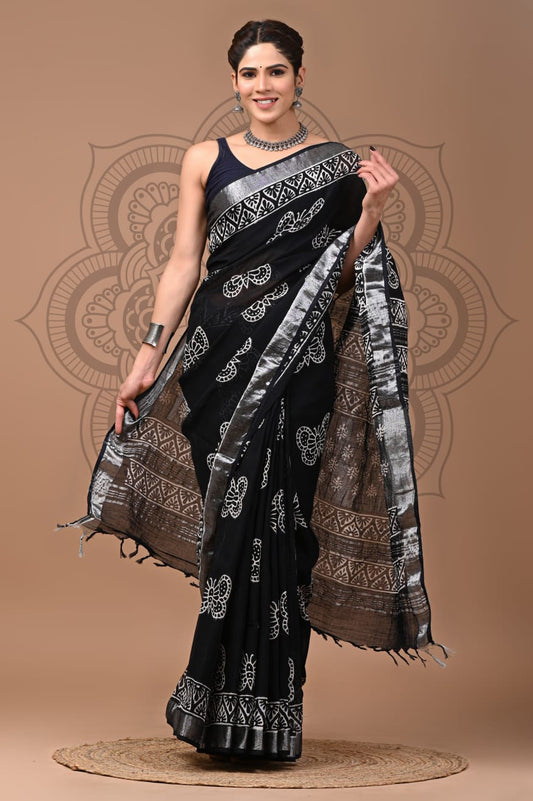 Frosted Loom Handblock Printed Linen Saree
