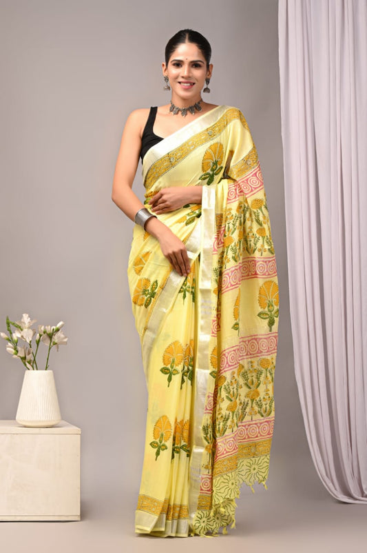 Bliss Garden Handblock Printed Linen Saree