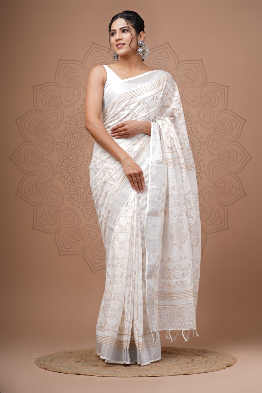 Crimson Whimsy Handblock Printed Linen Saree