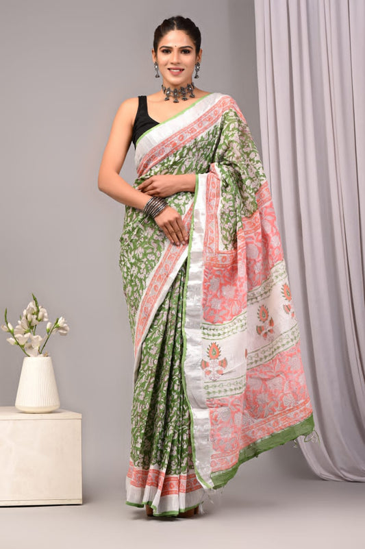 Floral Charm Handblock Printed Linen Saree